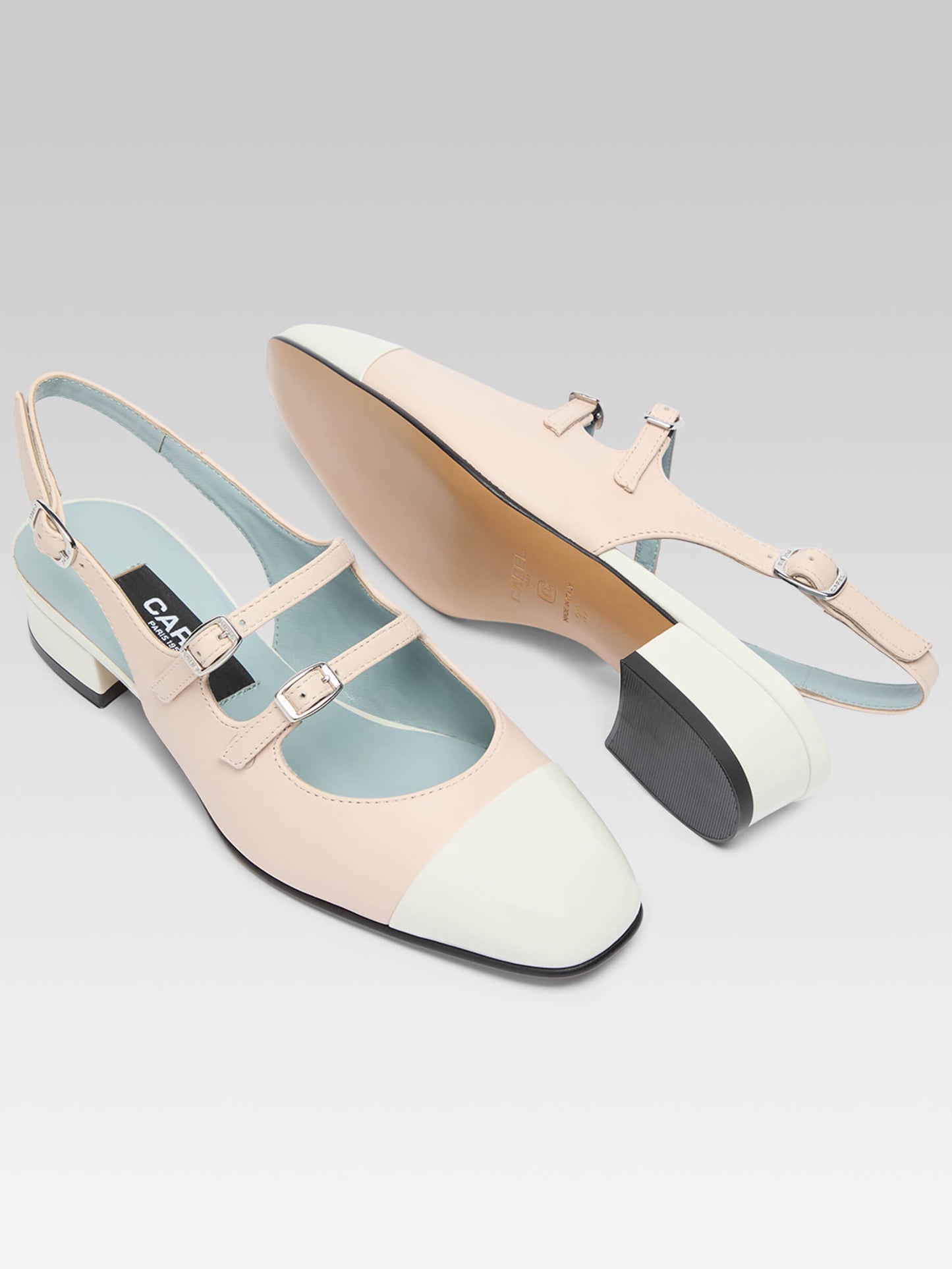 Abricot - Nude leather and beige patent leather slingback Mary Janes