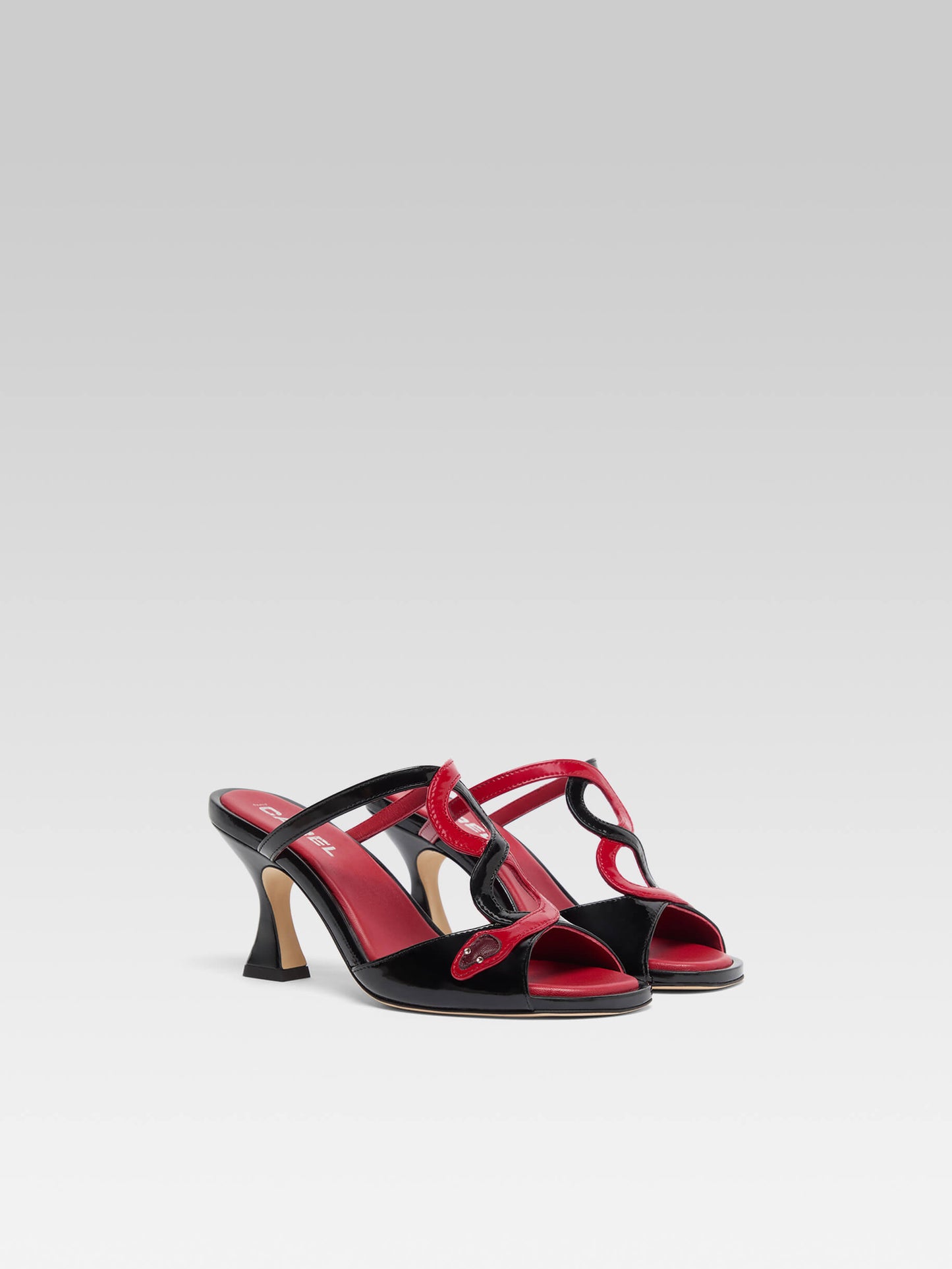 Naja - Black and red patent leather snake heel mules