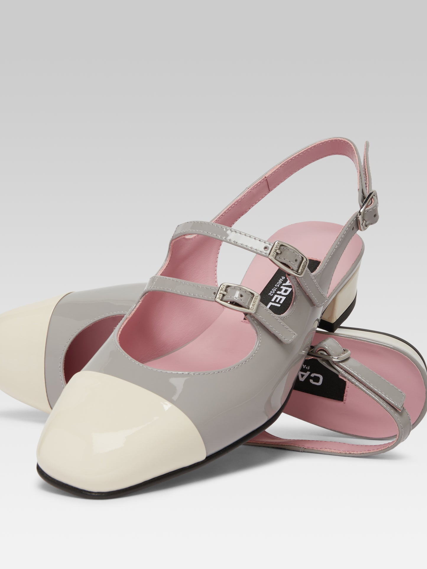 Abricot - Gray and ivory upcycled patent leather slingback Mary Janes