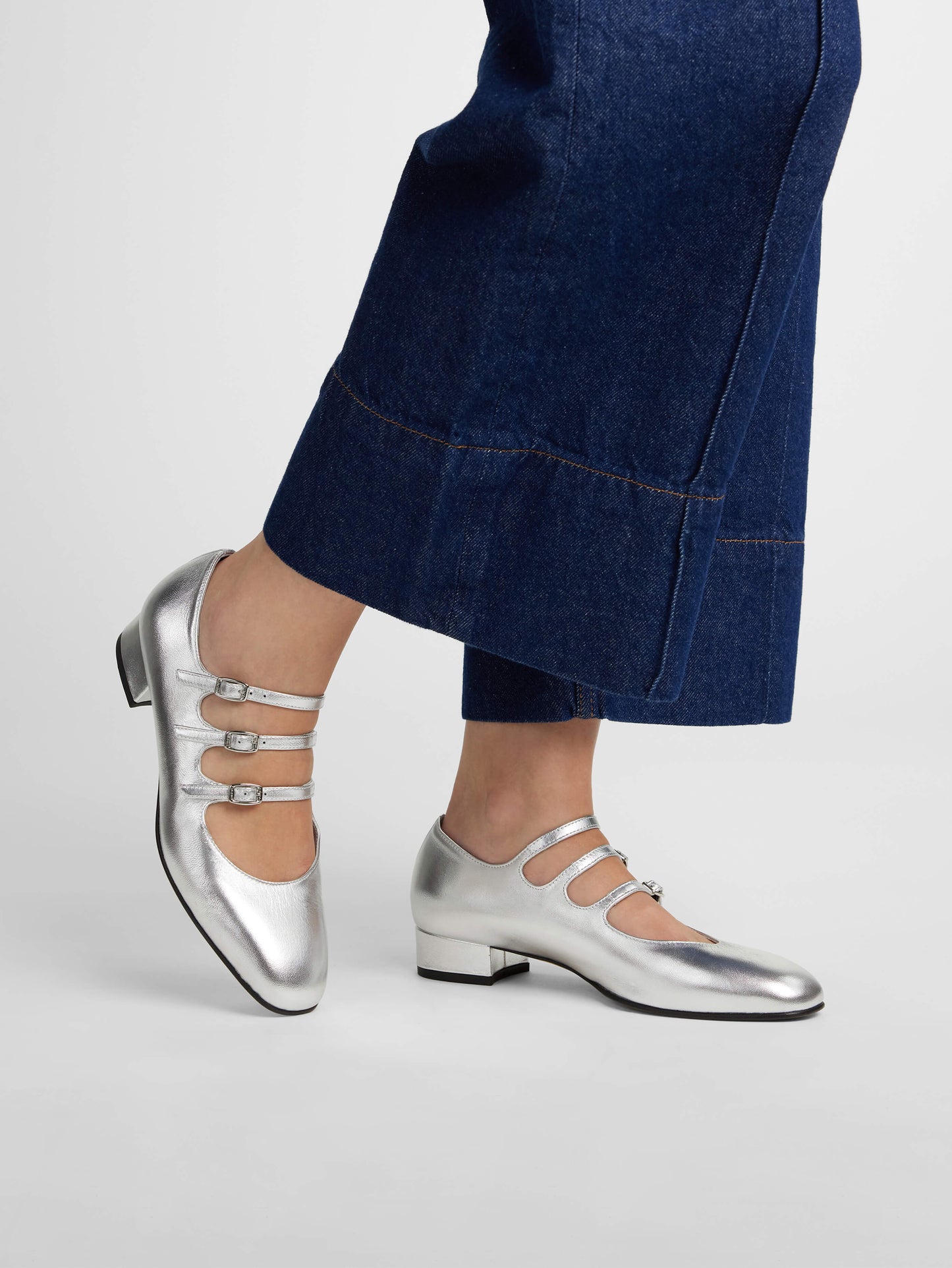 Ariana - Silver laminated leather Mary Janes ballet flats