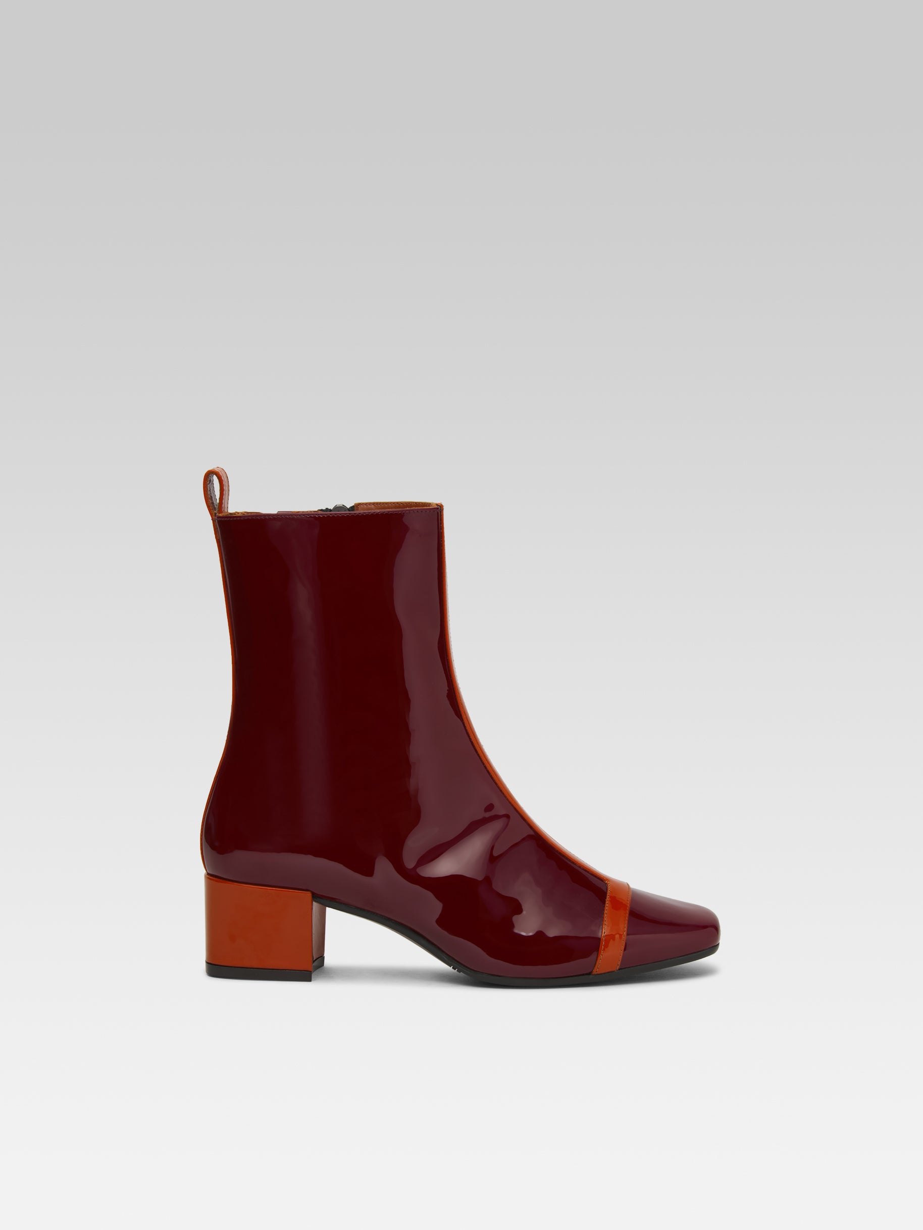 Audrey - Bottines cuir verni bordeaux et camel