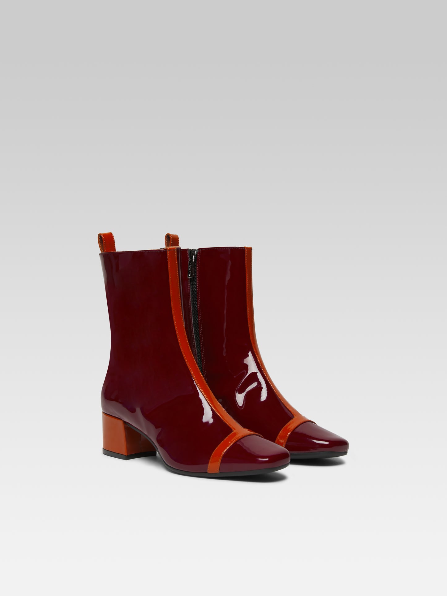 Audrey - Burgundy and camel patent leather ankle boots