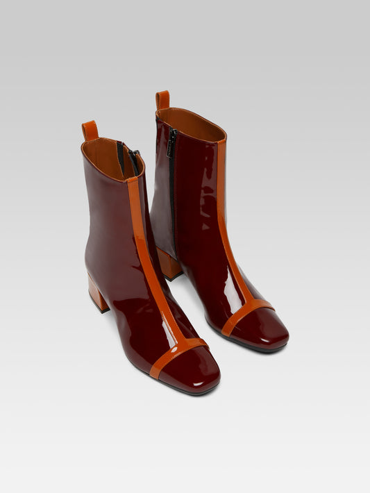 Audrey - Bottines cuir verni bordeaux et camel