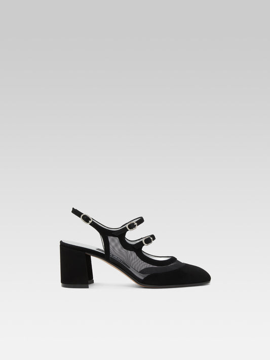 Bananight - Black suede leather and mesh slingback Mary Janes