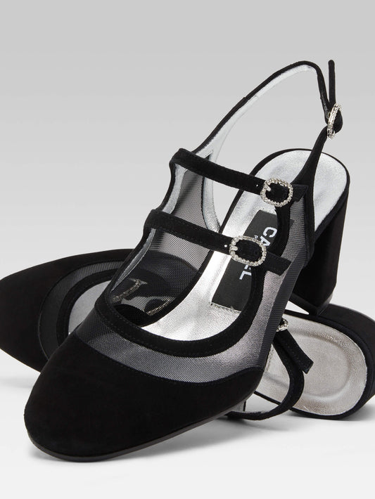 Bananight - Black suede leather and mesh slingback Mary Janes - Image number 6