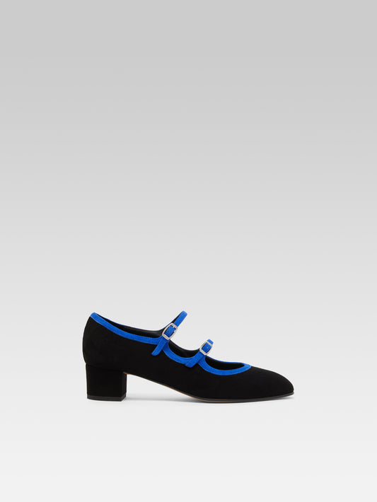 Bleuet - Escarpins babies cuir velours noir et bleu royal