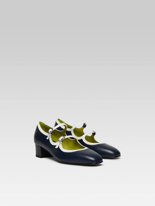 Bleuet - Navy blue and white leather Mary Janes pumps - Image number 3