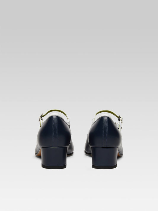 Bleuet - Navy blue and white leather Mary Janes pumps - Image number 4