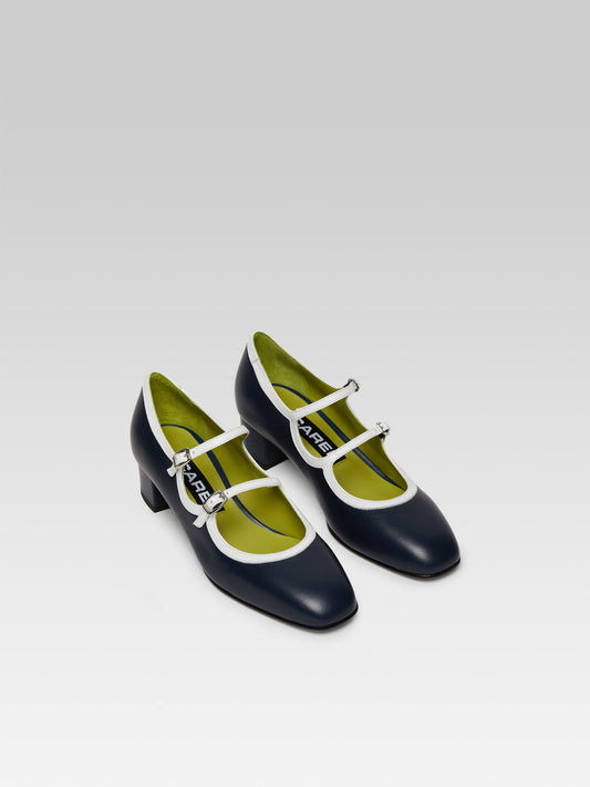 Bleuet - Navy blue and white leather Mary Janes pumps - Image number 2