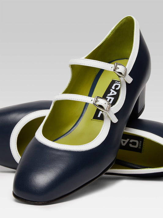 Bleuet - Navy blue and white leather Mary Janes pumps - Image number 5