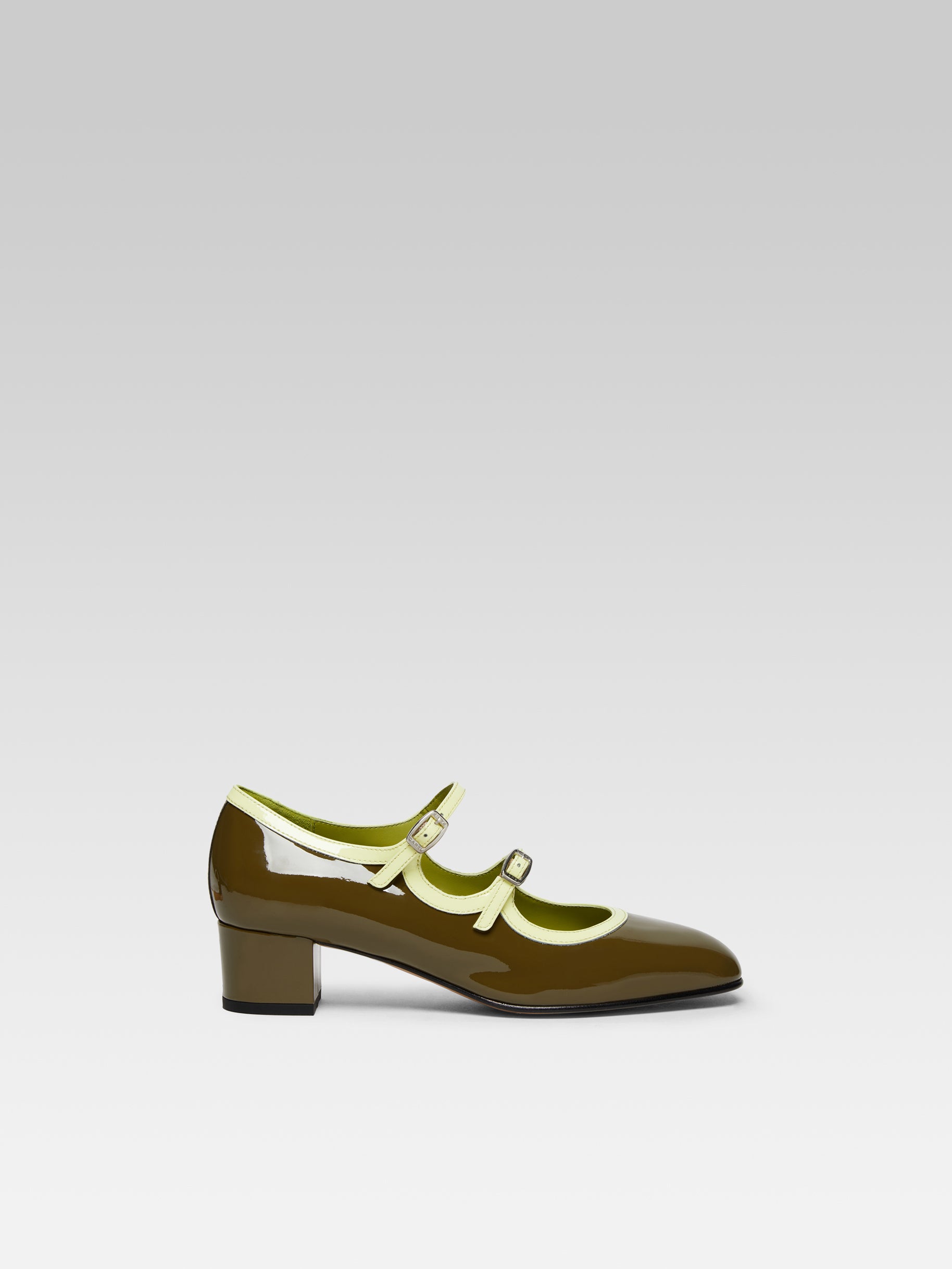 Bleuet - Khaki and lemon patent leather Mary Janes pumps