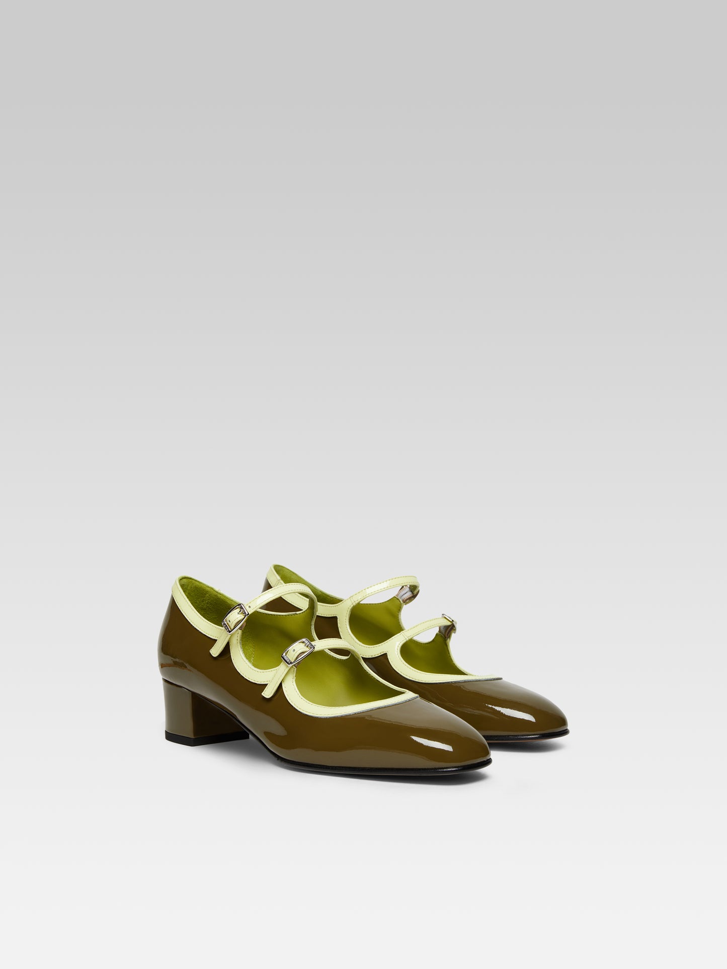 Bleuet - Khaki and lemon patent leather Mary Janes pumps