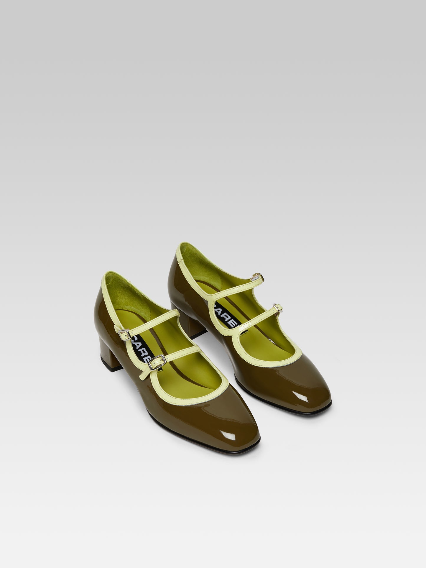 Bleuet - Khaki and lemon patent leather Mary Janes pumps