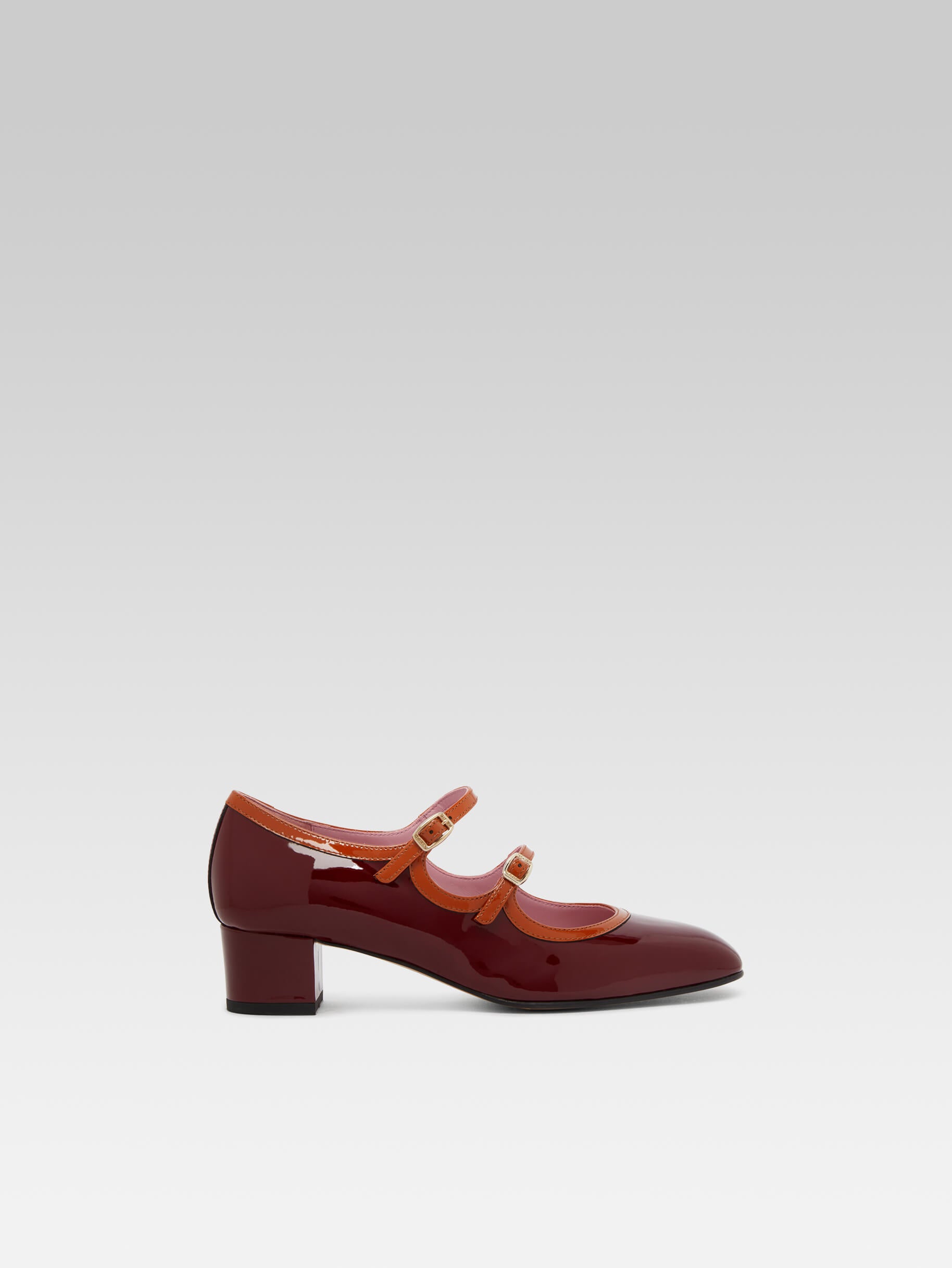 Bleuet - Escarpins babies cuir verni bordeaux et camel