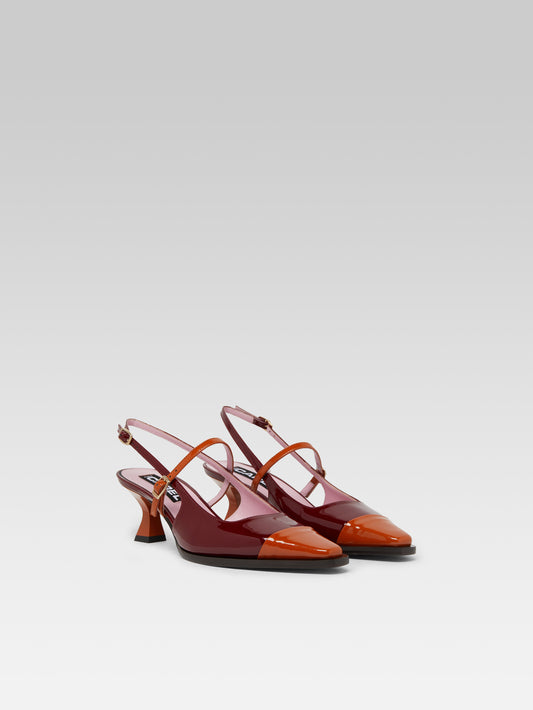 Cecile - Escarpins slingback cuir verni bordeaux et camel - Image numéro 2