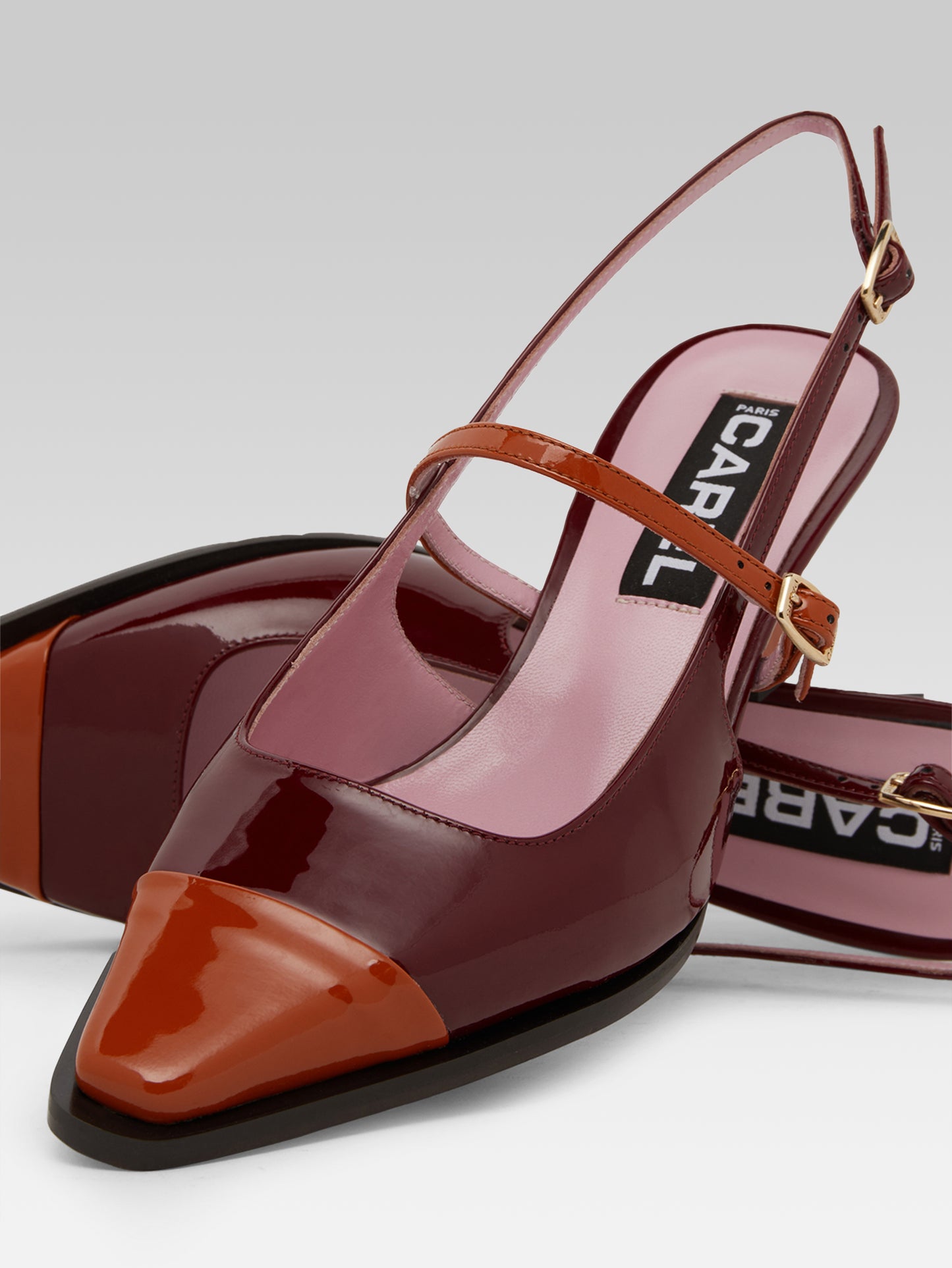 Cecile - Escarpins slingback cuir verni bordeaux et camel