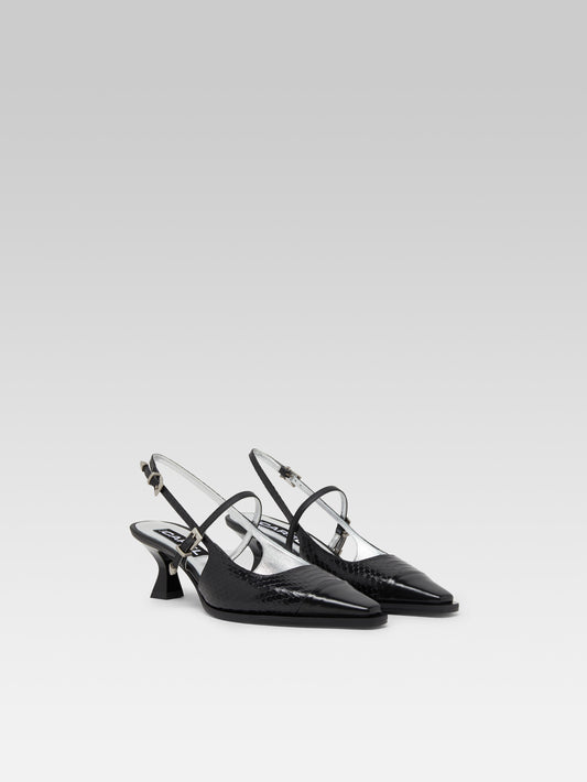 Cecile - Escarpins slingback cuir imprimé serpent noir - Image numéro 2