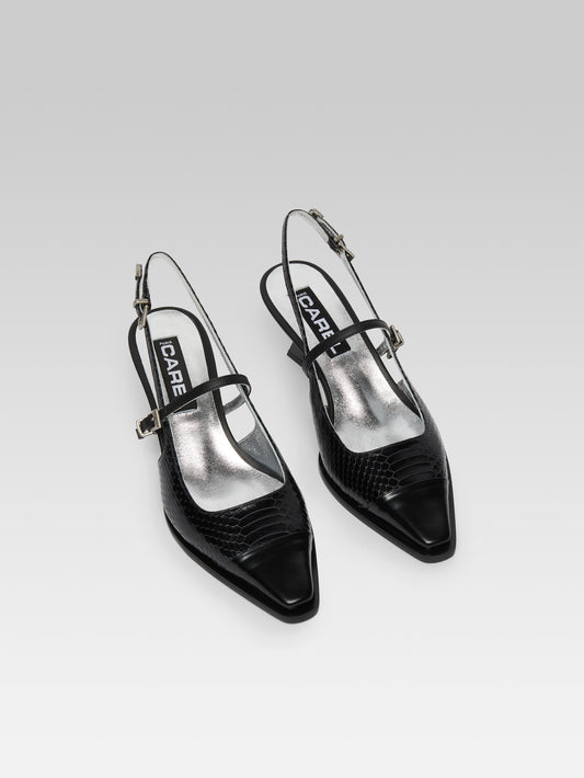 Cecile - Escarpins slingback cuir imprimé serpent noir - Image numéro 3