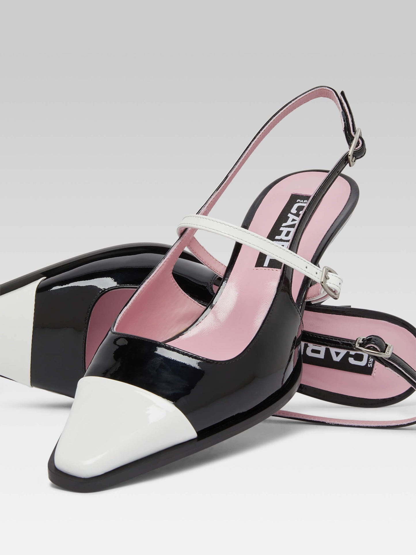 Cecile - Escarpins slingback cuir verni noir et blanc