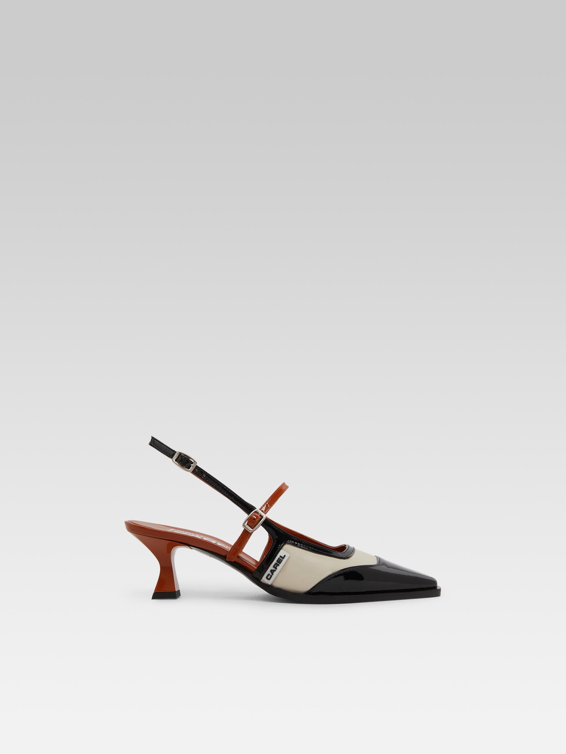 Cecile - Black and camel patent leather and beige leather slingback pumps