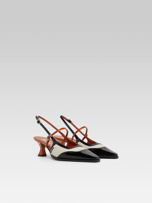 Cecile - Black and camel patent leather and beige leather slingback pumps - Image number 2