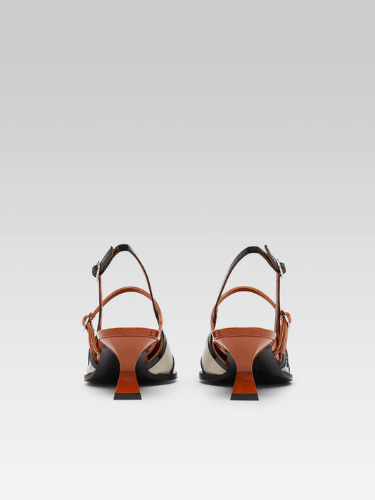 Cecile - Black and camel patent leather and beige leather slingback pumps - Image number 3