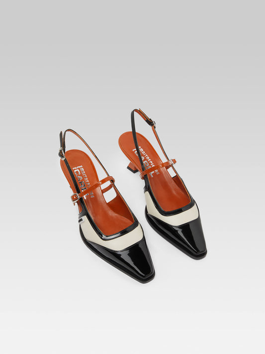 Cecile - Black and camel patent leather and beige leather slingback pumps - Image number 4