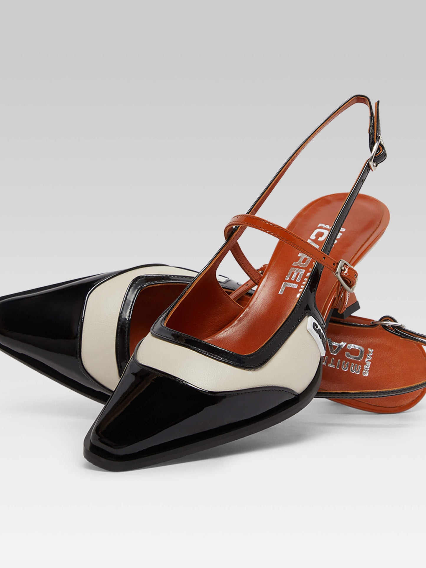 Cecile - Escarpins slingback cuir verni noir et camel et cuir beige