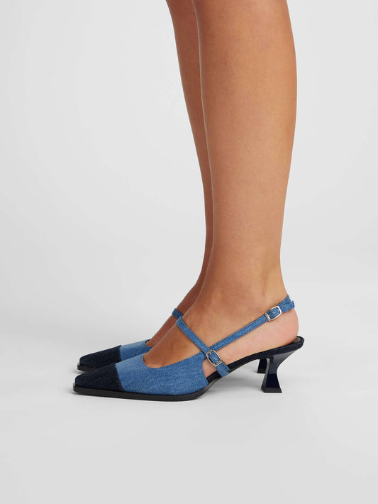 Cecile - Two-tone slingback pumps in blue denim fabric - Image number 3