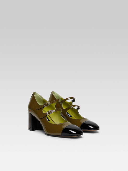 Cherry - Khaki and black patent leather Mary Janes pumps - Image number 2