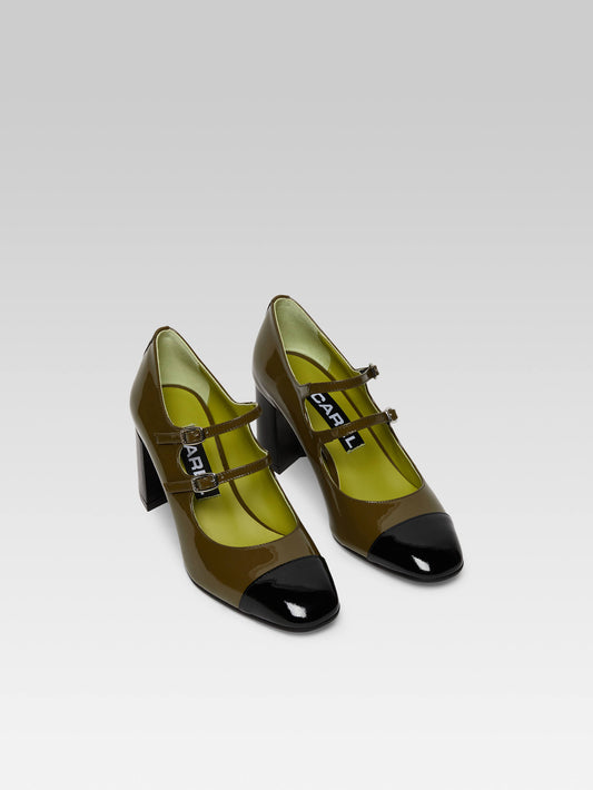 Cherry - Khaki and black patent leather Mary Janes pumps - Image number 3