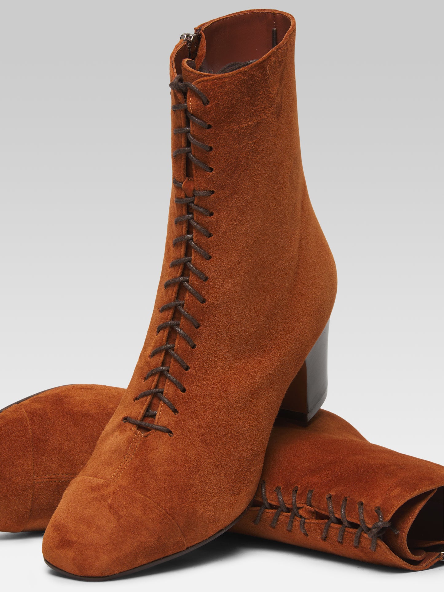 Colette - Bottines à lacets cuir velours brandy