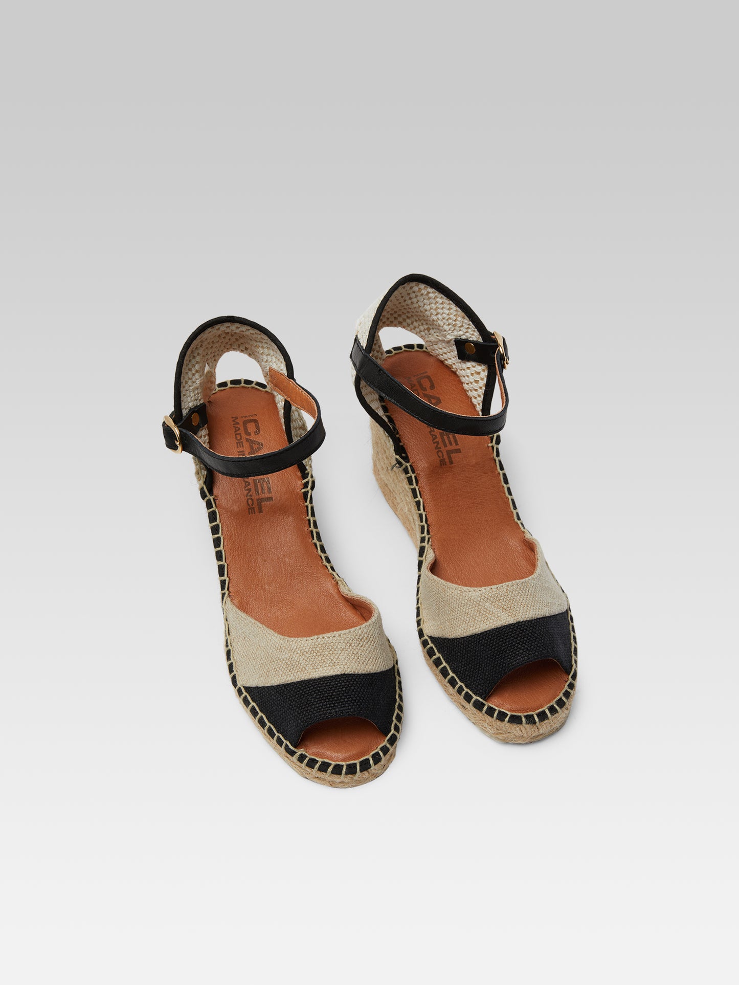 Espelette - Natural and black linen wedge espadrilles