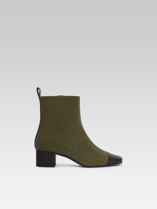 Estime - Khaki leather and black glossy leather ankle boots