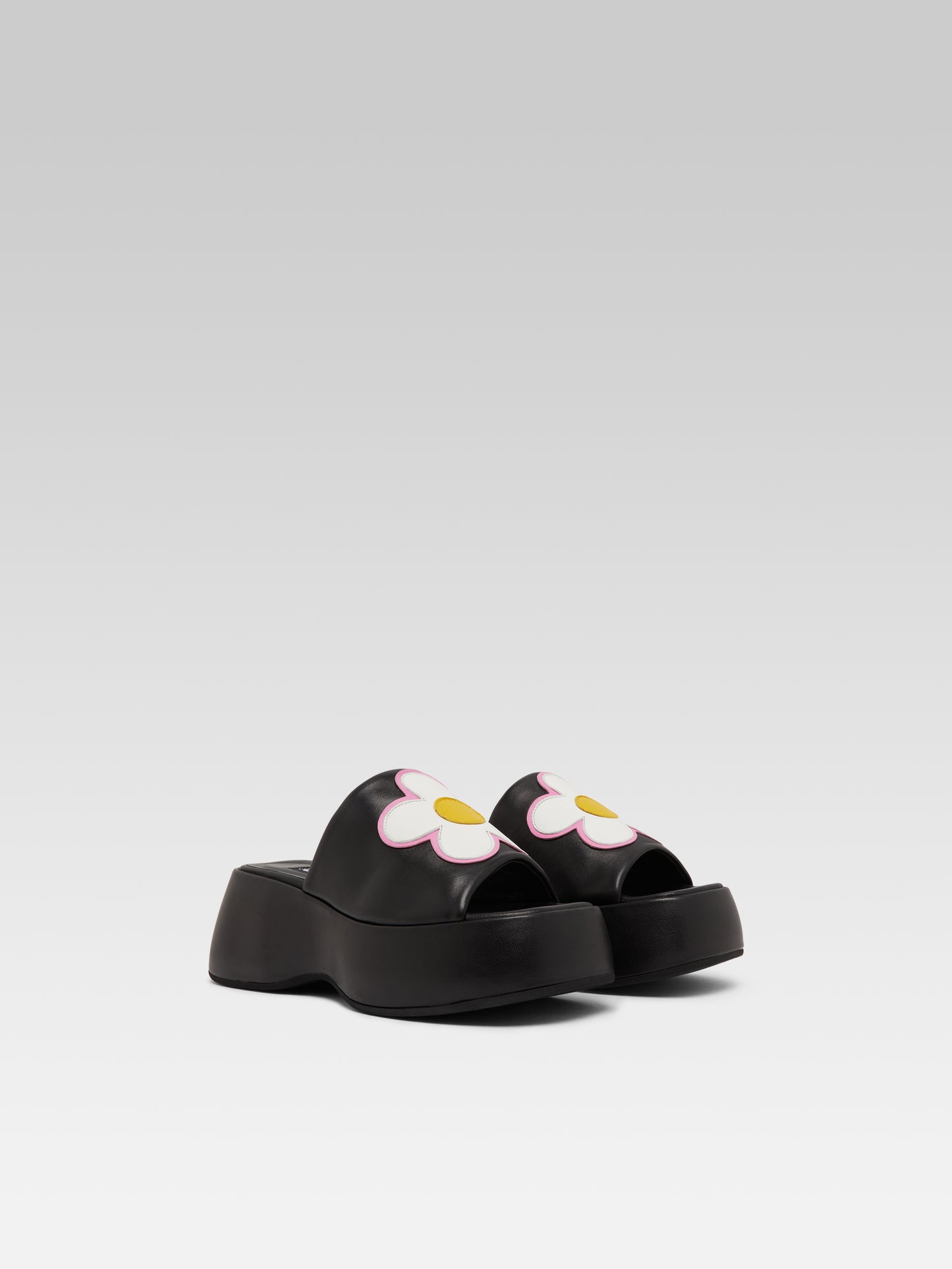 Flower - Black leather platform mules