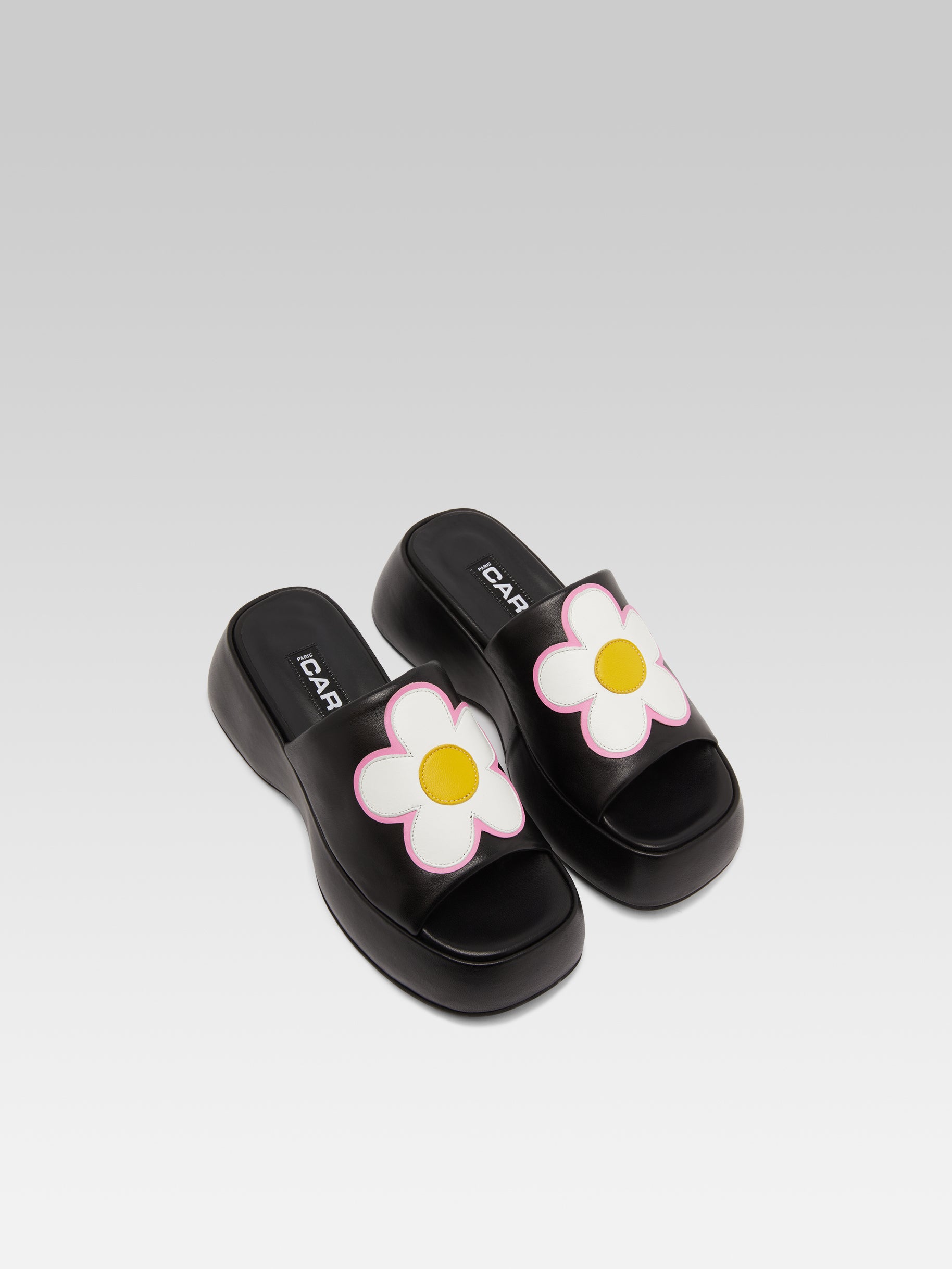 Flower - Black leather platform mules