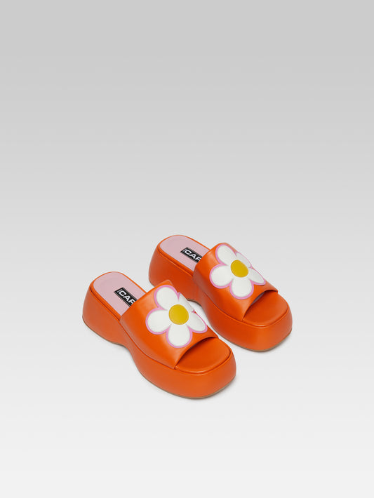 Flower - Orange leather platform mules