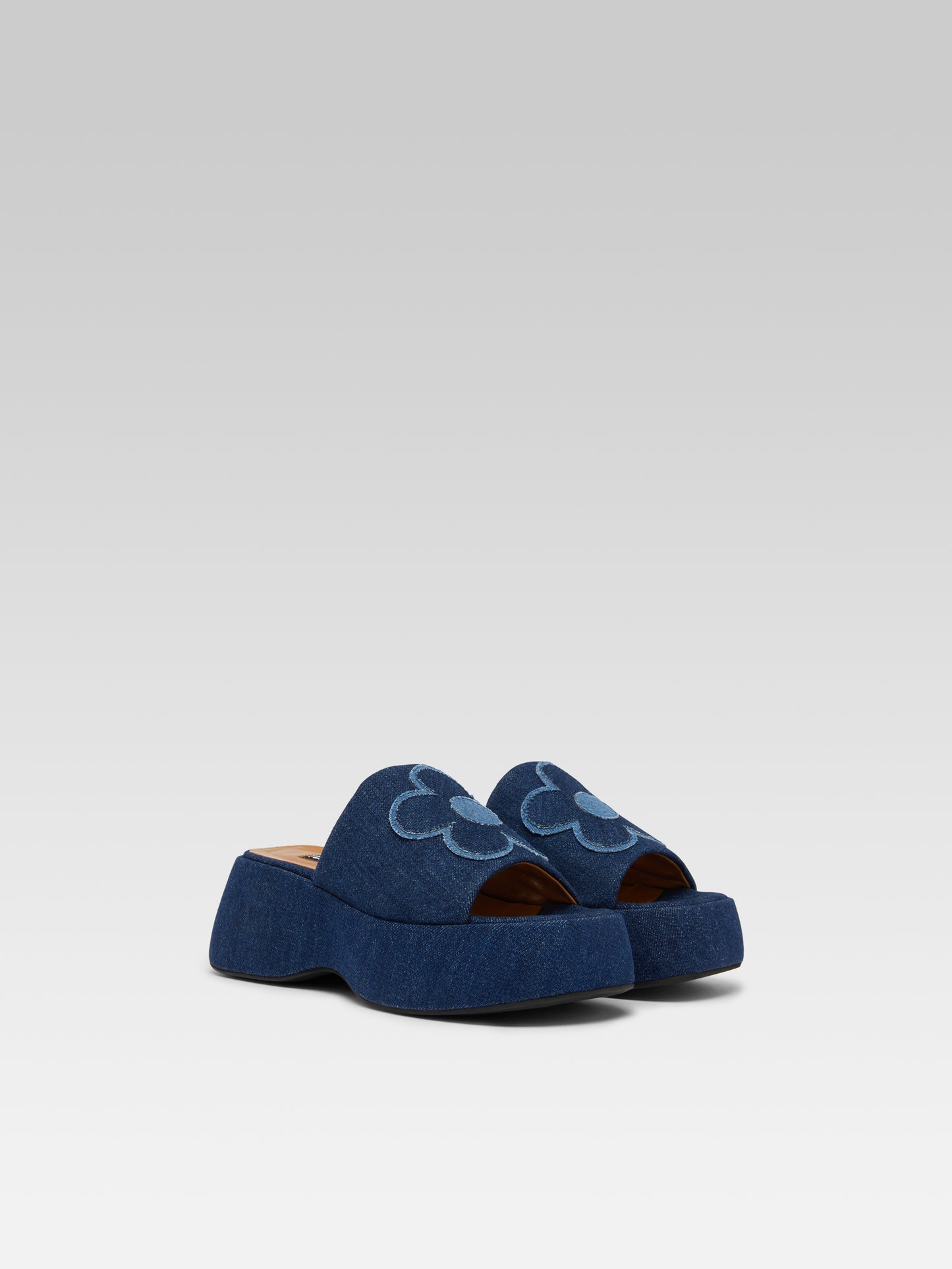 Flower - Two-tone blue denim fabric platform mules 