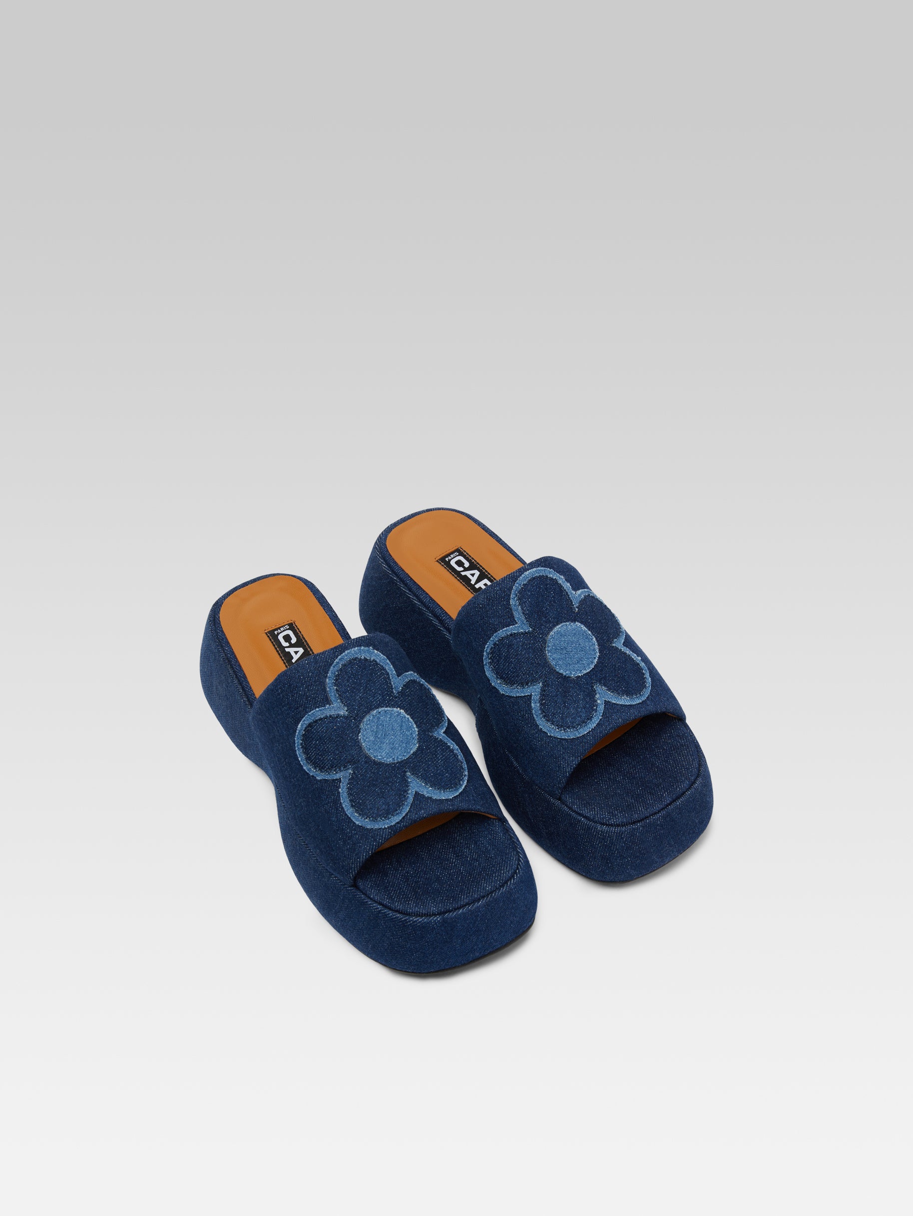 Flower - Two-tone blue denim fabric platform mules  - Image number 1