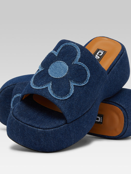 Flower - Mules à plateforme bicolores tissu jean bleu - Image numéro 4