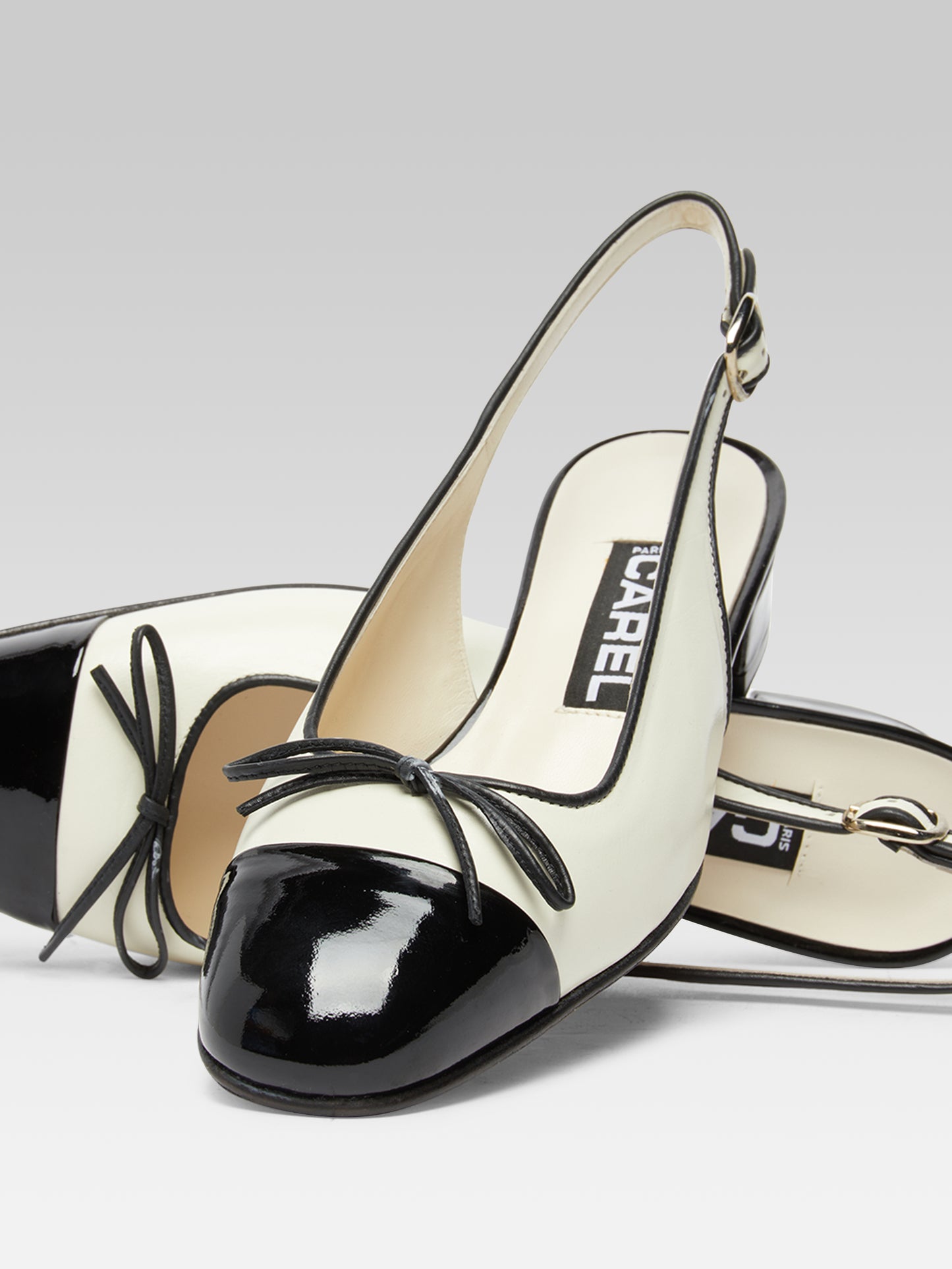 Josephine - Ivory leather and black patent leather slingback ballet flats