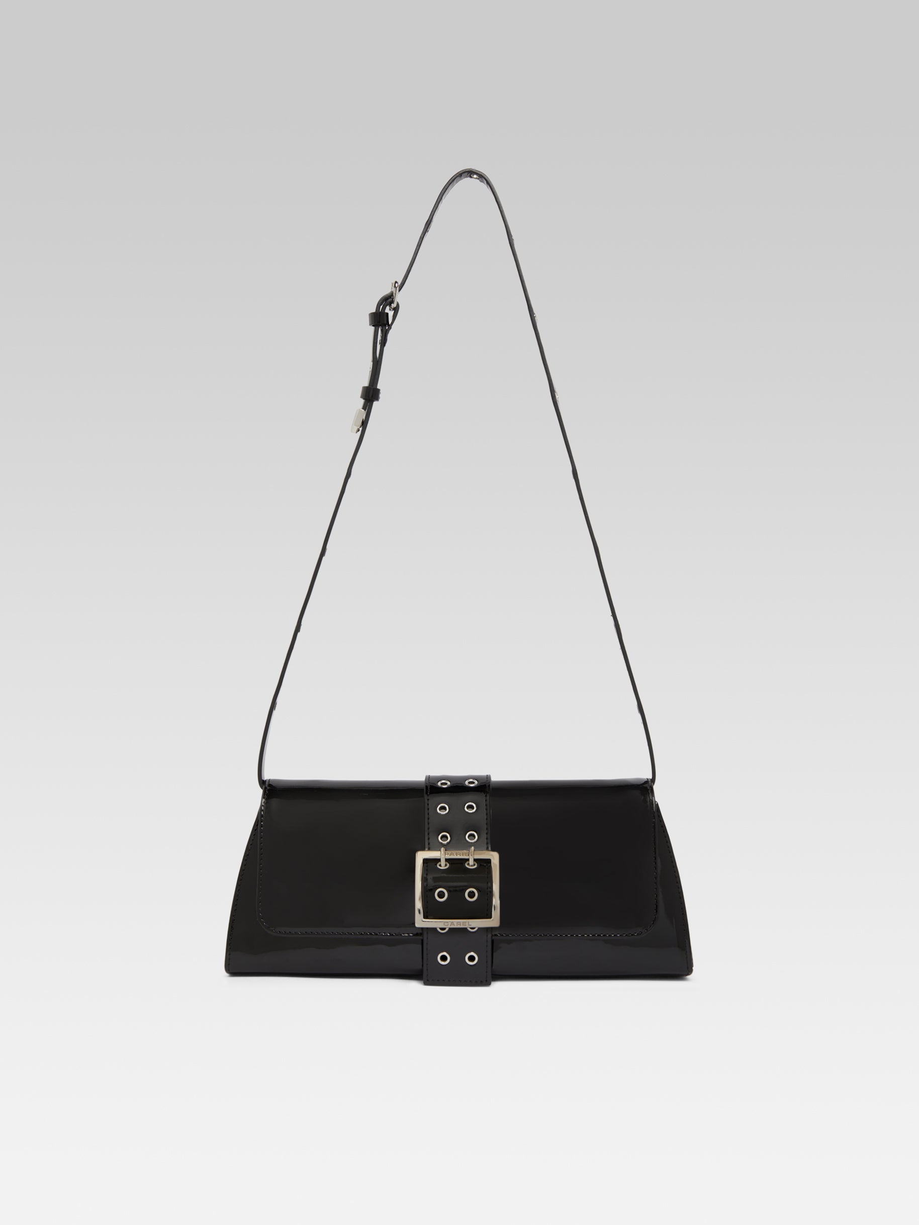 Maddie - Black patent leather shoulder bag with eyelets