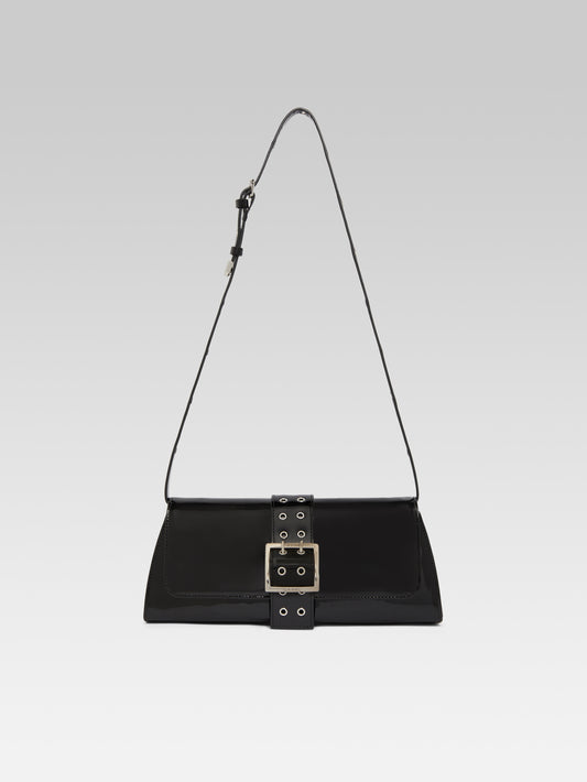 Maddie - Black patent leather shoulder bag with eyelets