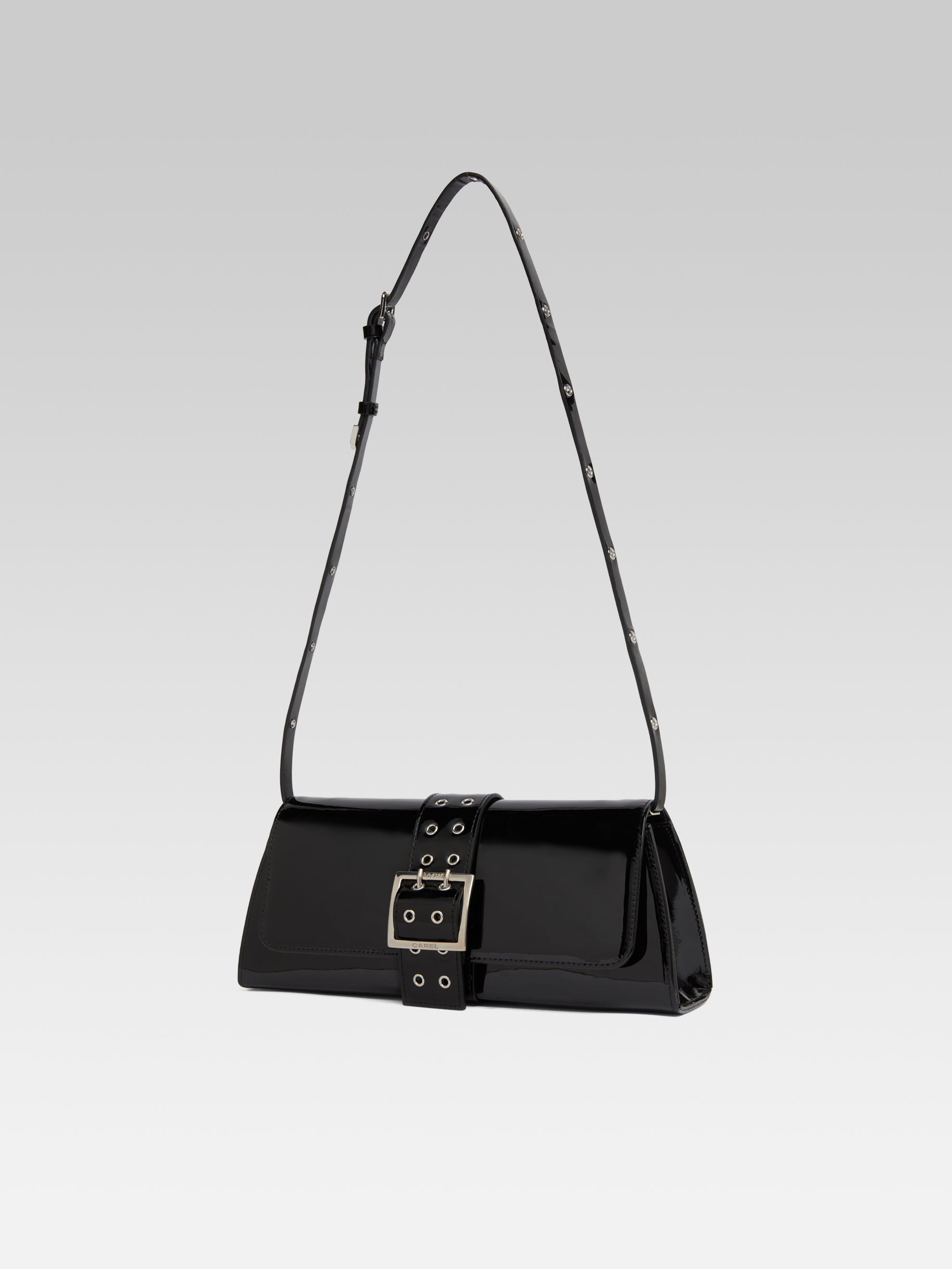 Maddie Black patent leather shoulder bag with eyelets