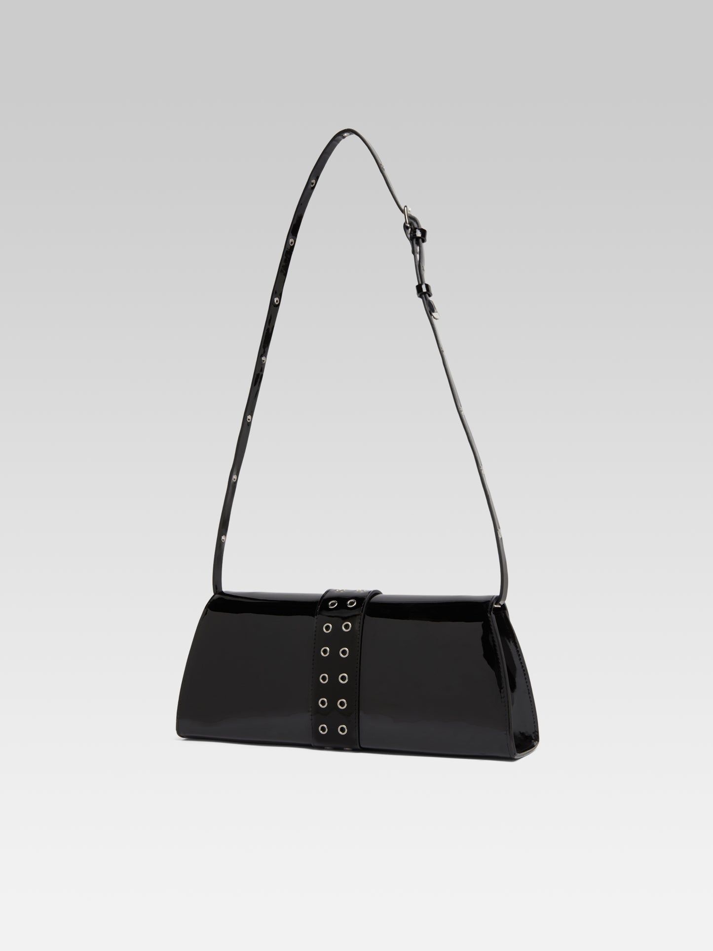 Maddie - Black patent leather shoulder bag with eyelets