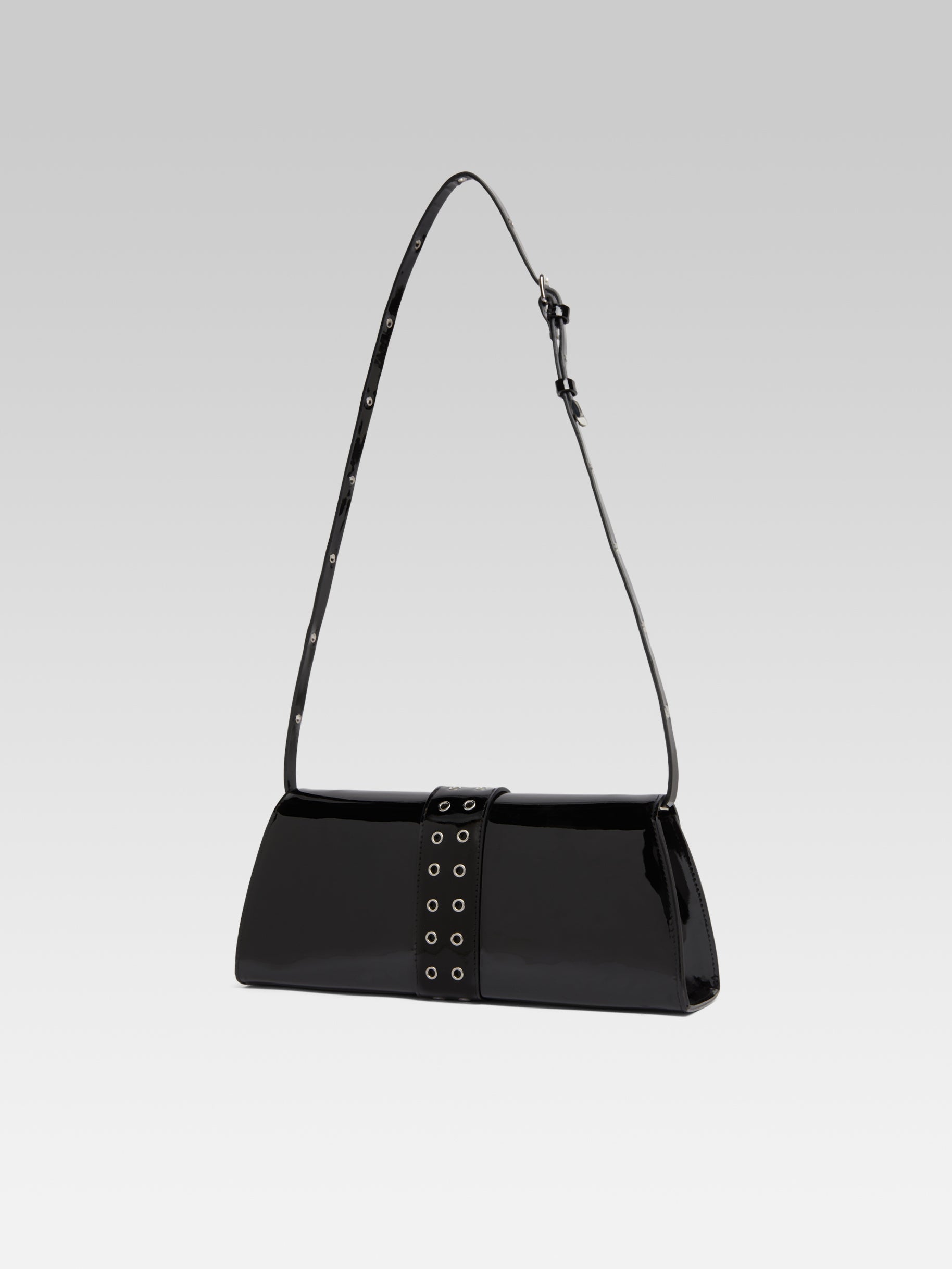 Maddie - Black patent leather shoulder bag with eyelets - Image number 4