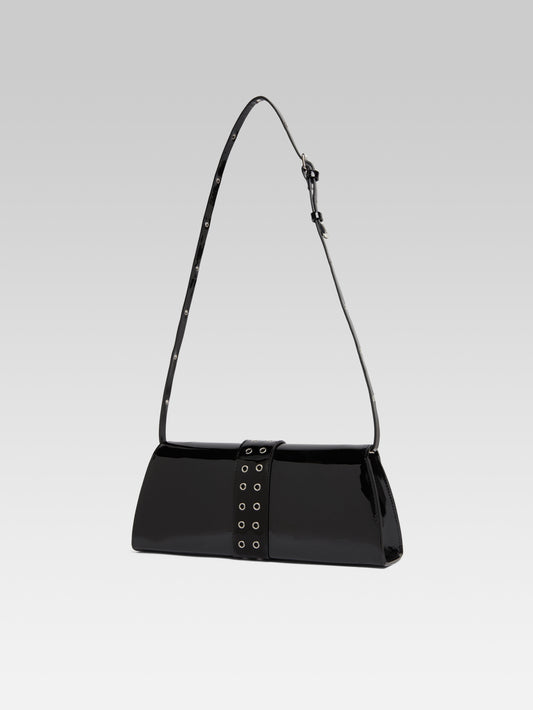 Maddie - Black patent leather shoulder bag with eyelets - Image number 4