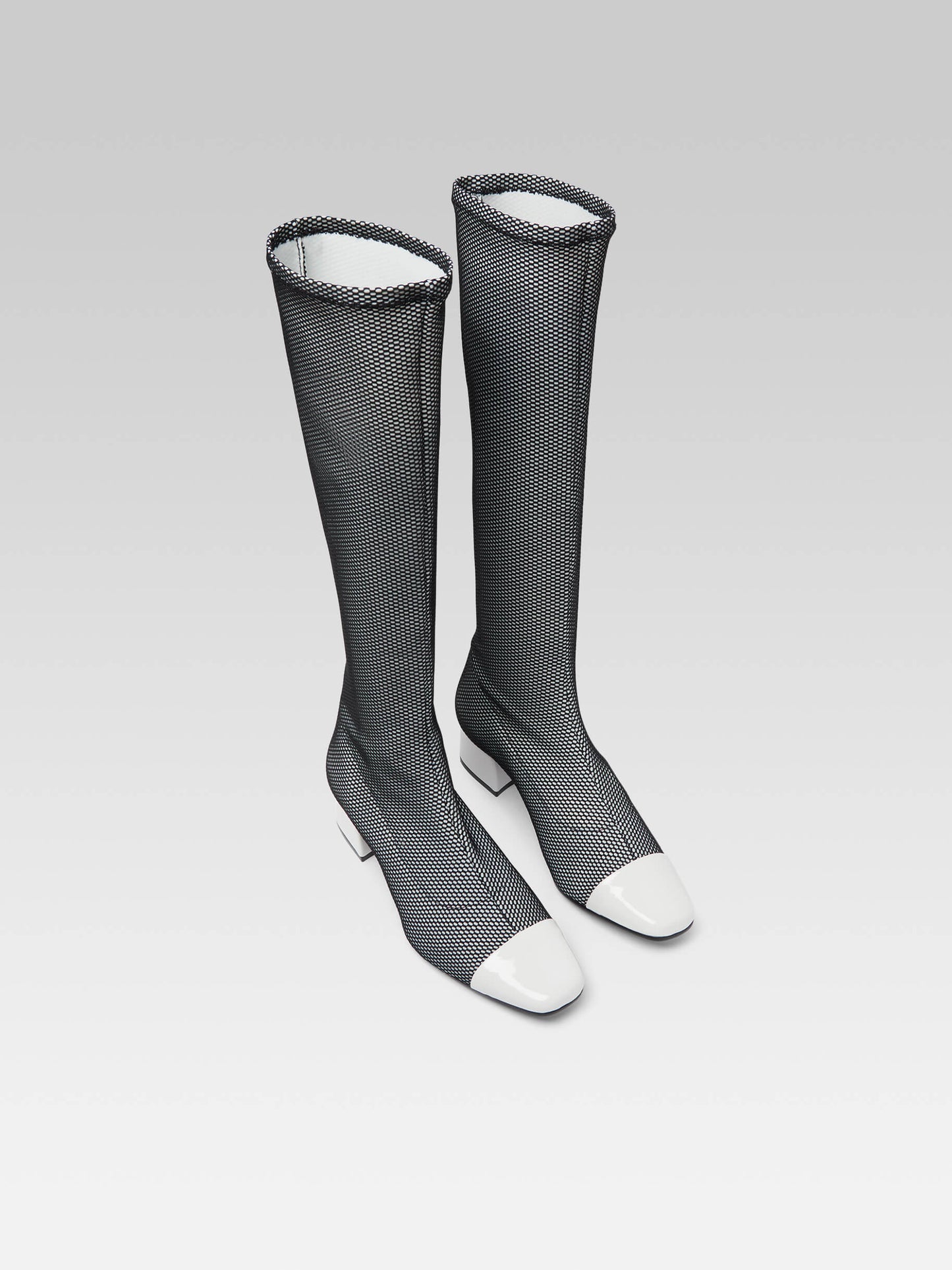 Malaga - Black and white stretch fabric and white patent leather boots