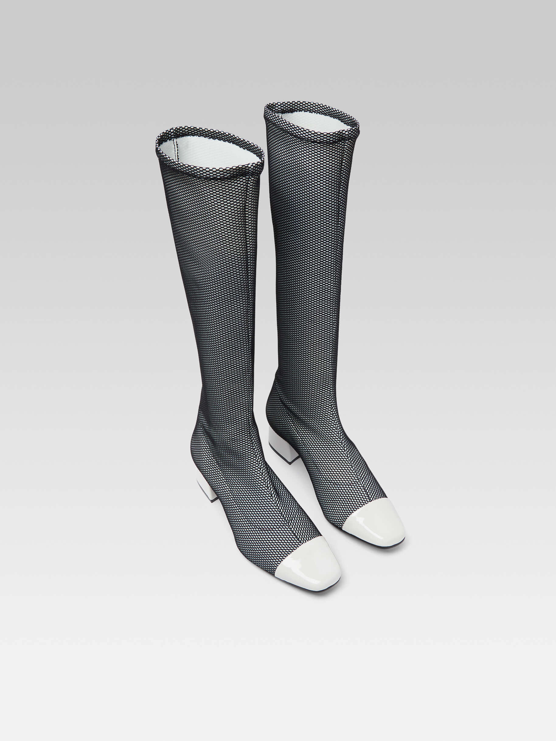 Malaga - Black and white stretch fabric and white patent leather boots - Image number 2