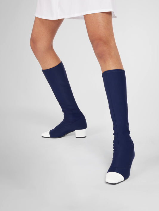 Malaga - Bottes tissu stretch bleu et cuir verni blanc - Image numéro 2